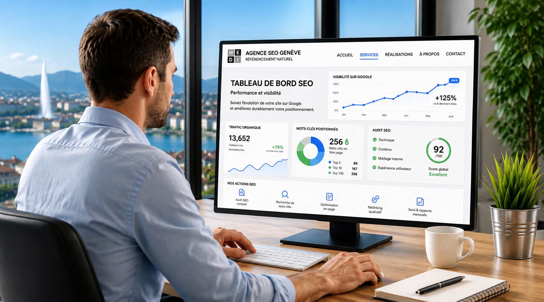 Consultant d'une agence SEO à Genève analysant un tableau de bord de référencement naturel