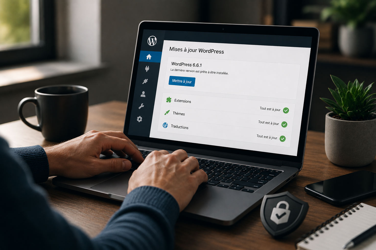 Technicien effectuant la maintenance d'un site WordPress afin d'assurer sa sécurité, ses performances et son bon fonctionnement.