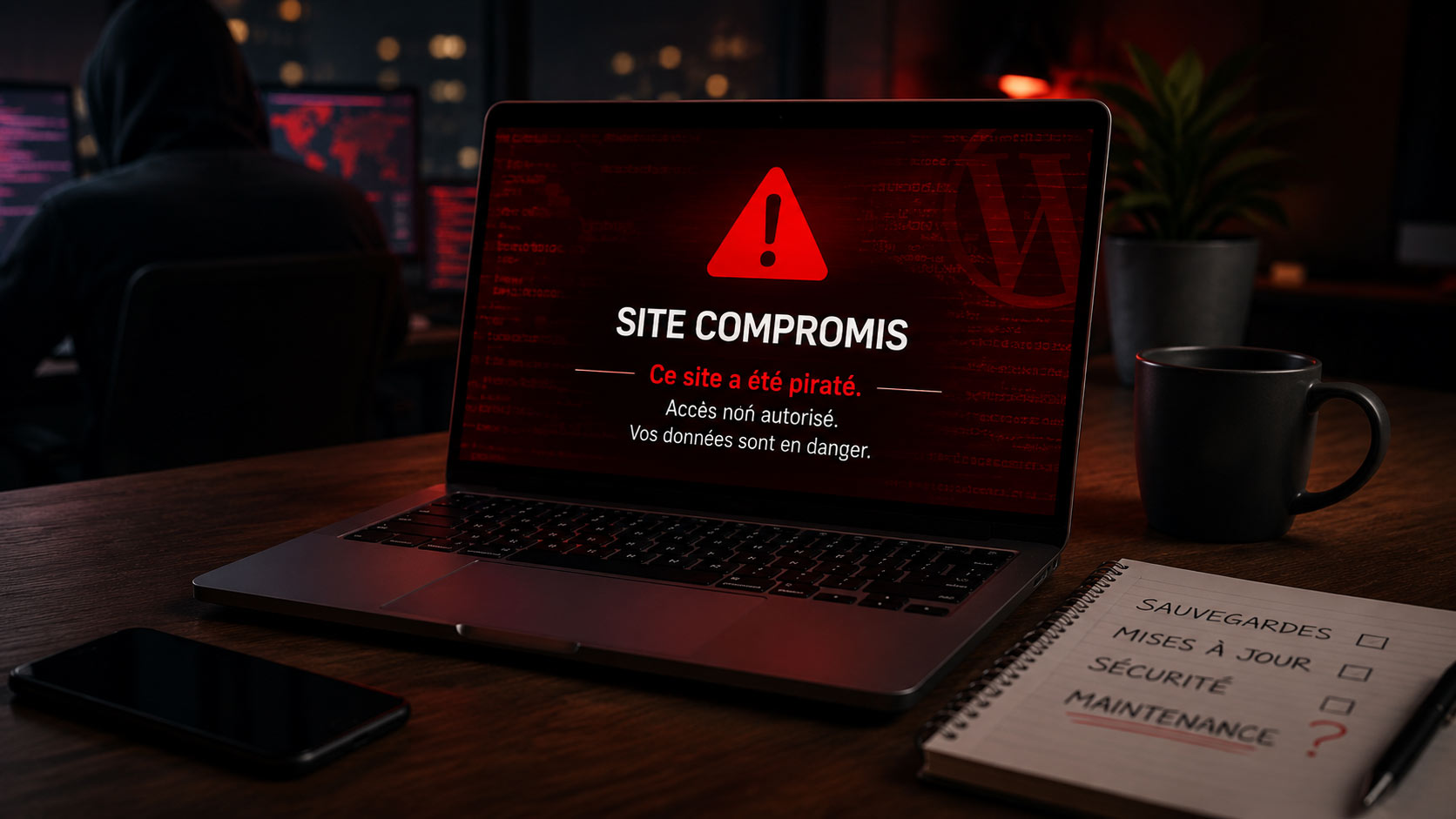 Ordinateur affichant un site WordPress piraté à la suite d'une absence de maintenance et de mises à jour de sécurité.